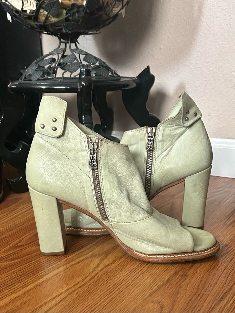 * RARE * A.S.98 Sage Green Leather Peep-Toe Block Heel Boot Sandals Size 41